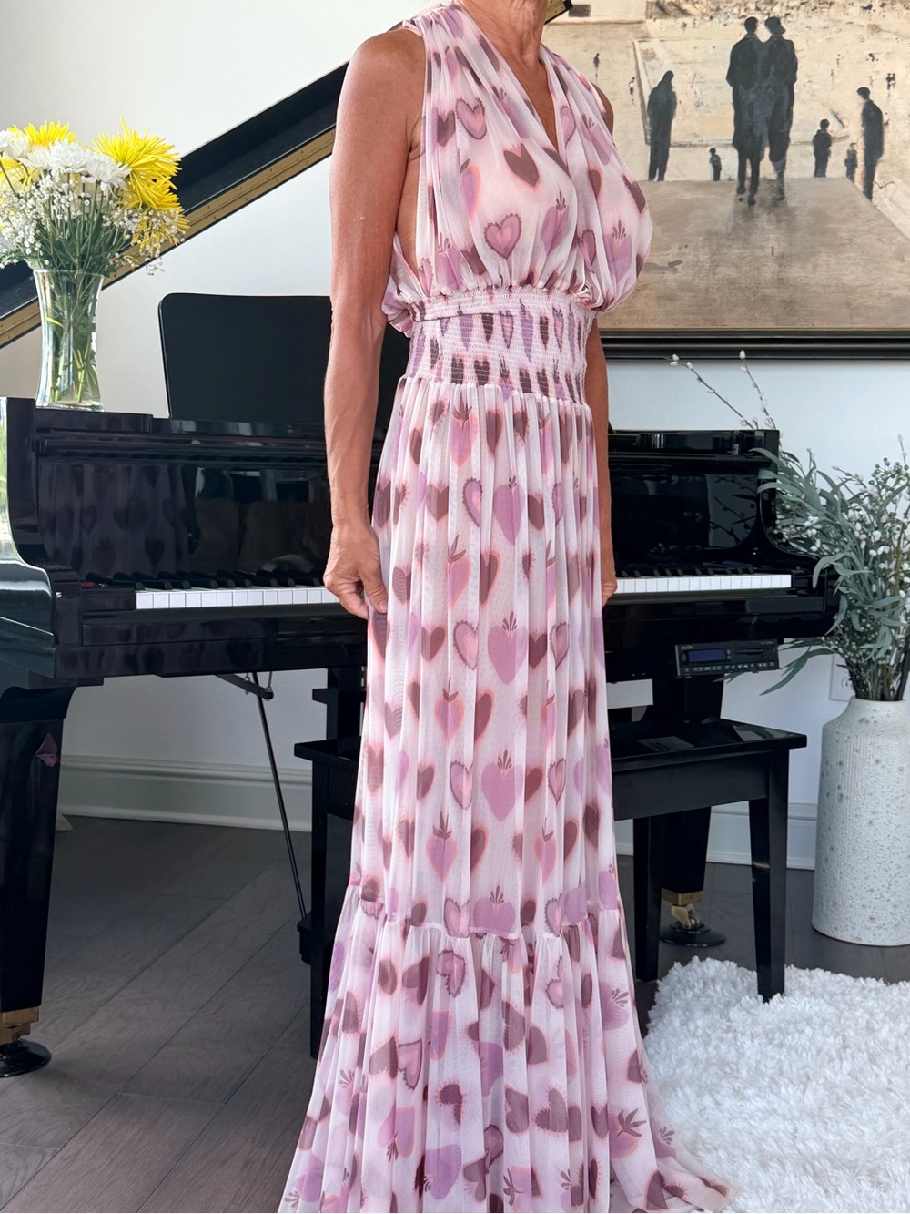 Women's Pink and Purple Heart-Print Halter Maxi Dress